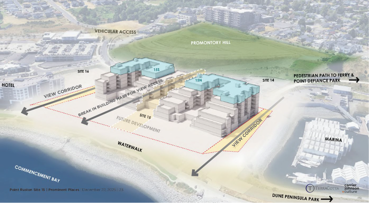 A rendering included in TerraCotta’s presentation to Ruston City Council showed the new design for its 125 condominiums allowing for “view corridors” to Commencement Bay.