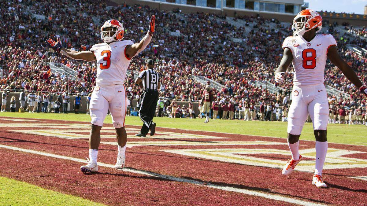 Clemson wide receiver Amari Rogers celebrates his 68-yard reception and run for a touchdown in the second half of an NCAA college football game against Florida State in Tallahassee, Fla., Saturday, Oct.27, 2018. Clemson defeated Florida State 59-10. (AP Photo/Mark Wallheiser)