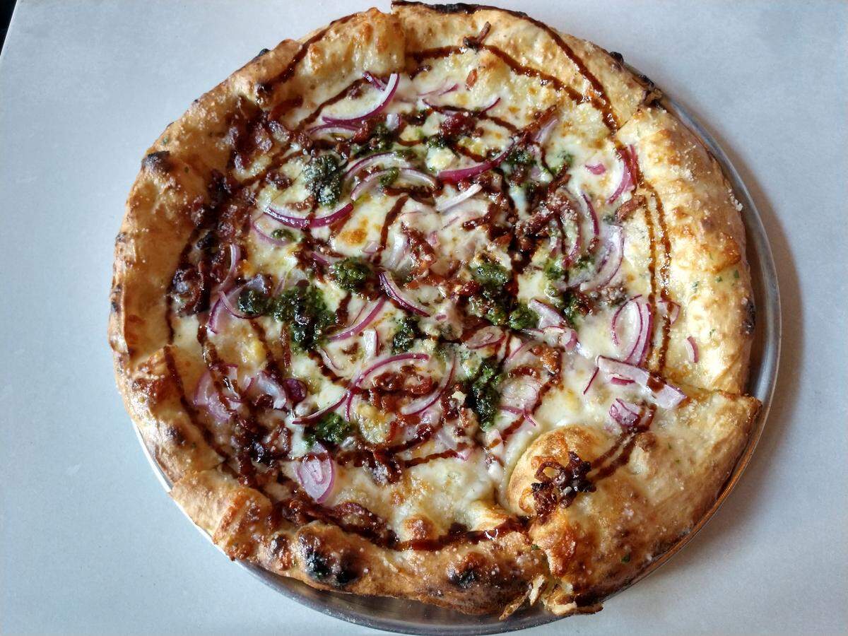 Bacon-pesto pizza from Wooden City in downtown Tacoma.