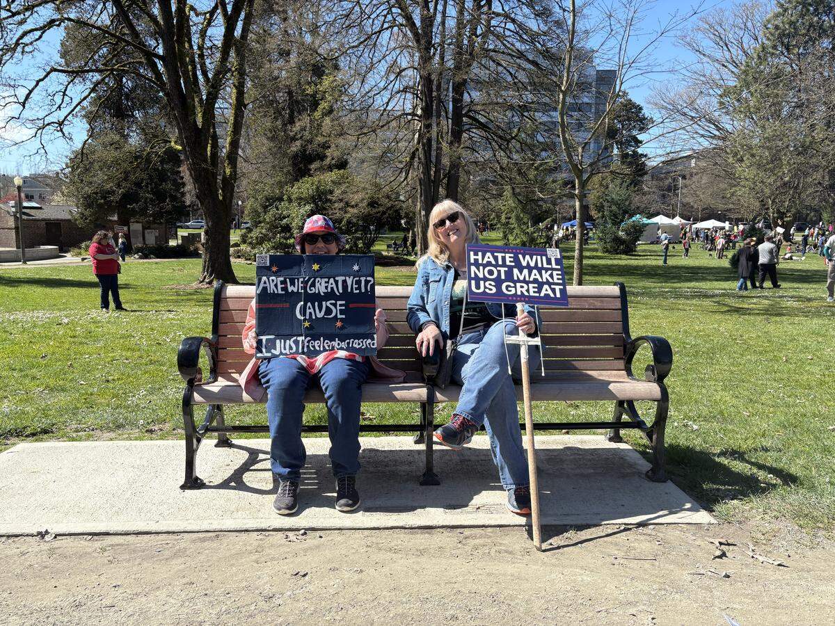 Karen Frankest (left) and Lisa Bostwick (right) attended their first “No Kings” protest at Wright Park on Saturday, March 28, 2026.