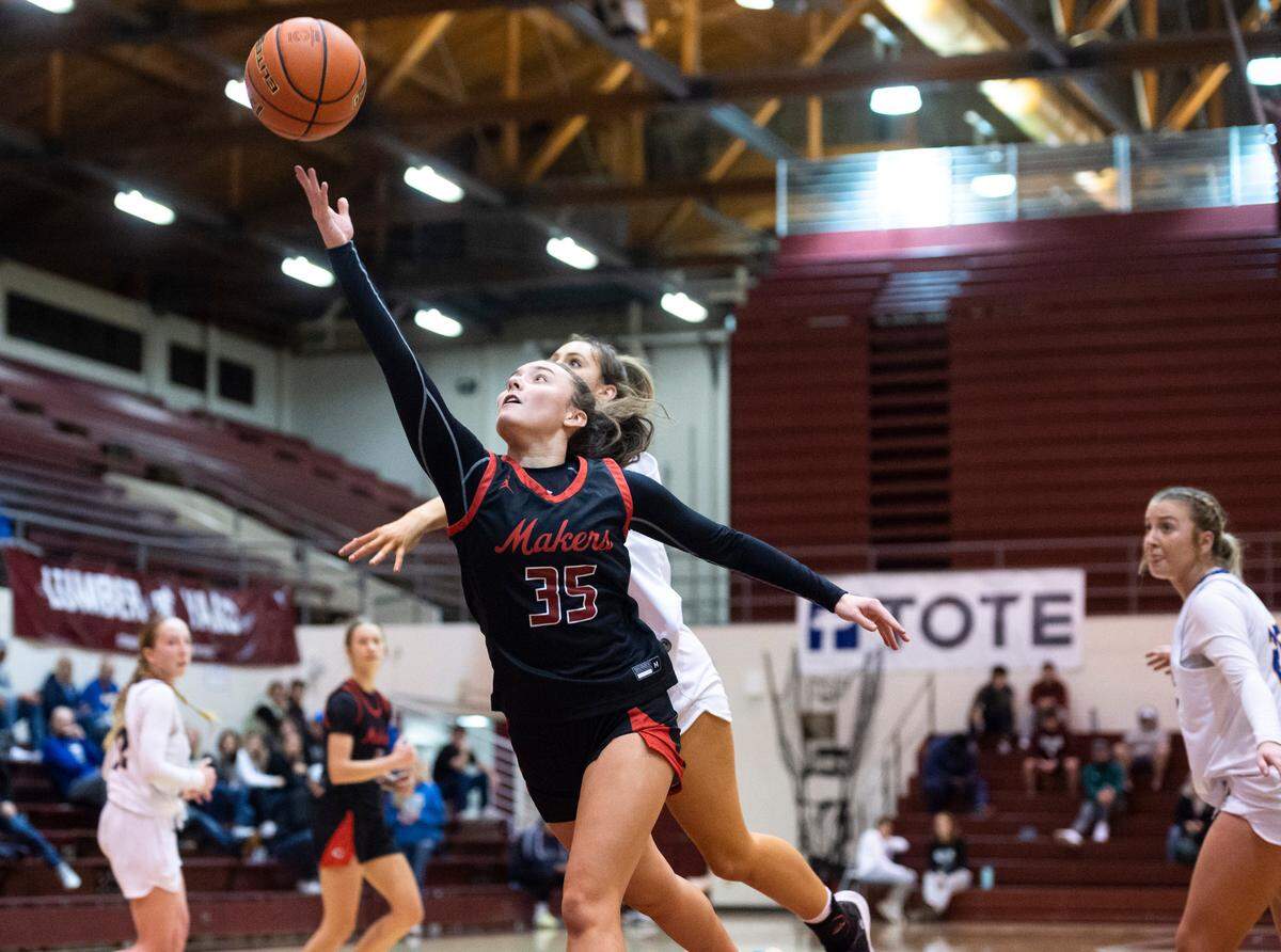 Camas’s point guard Keirra Thompson goes in for a layup during a game at the Puget Sound Holiday Classic Tournament in the Memorial Field-house in Tacoma, Wash. on Jan. 16, 2023.