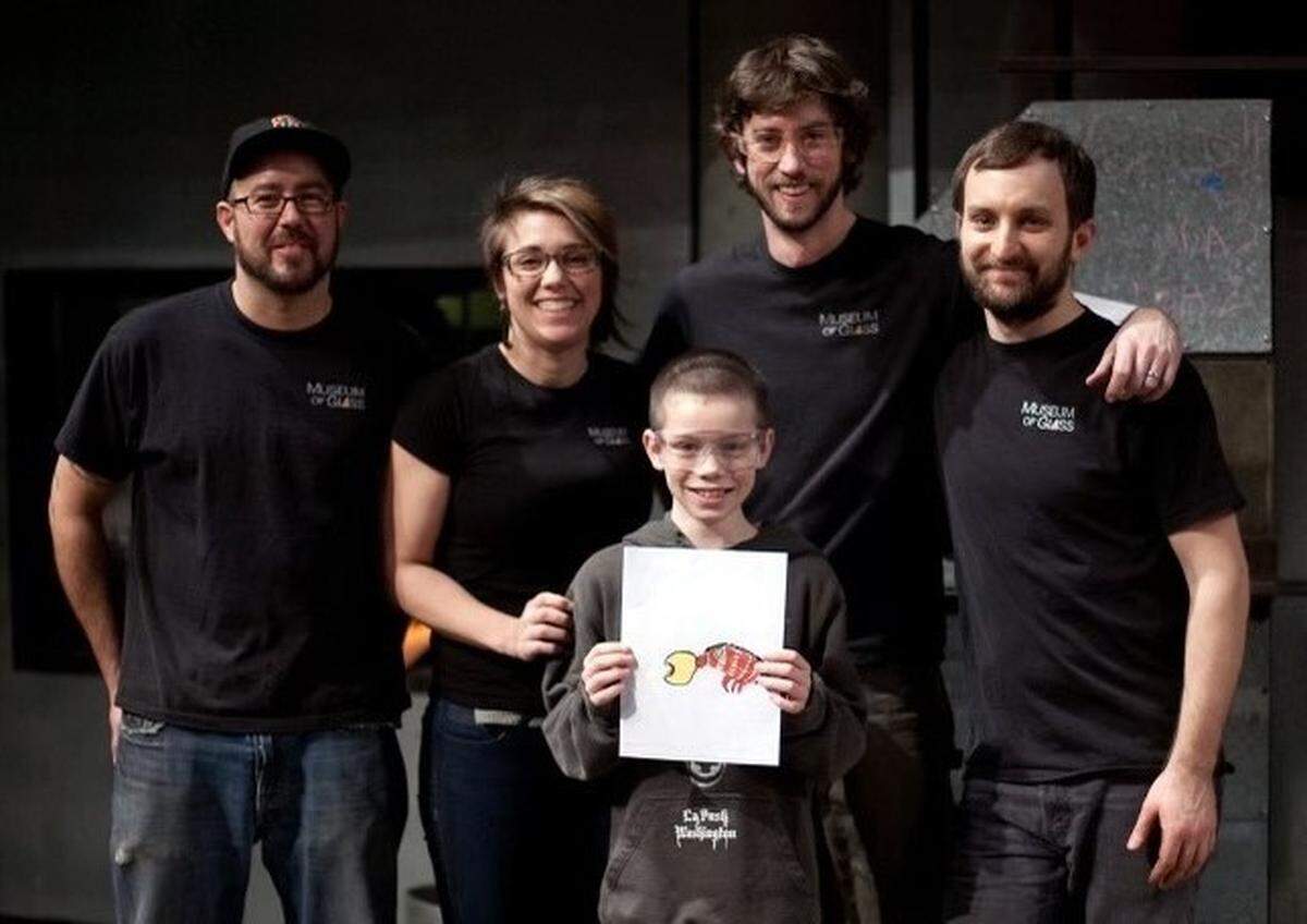 10-year-old Mason Winchell in 2010 and the Museum of Glass’s hotshop team.