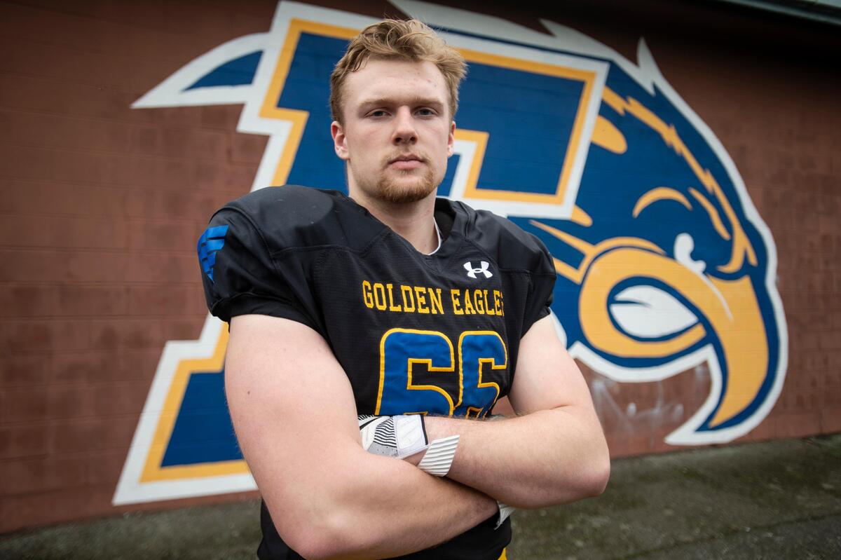 Offensive lineman Geirean Hatchett, 17, stands for a portrait at Ferndale High School in Ferndale, Wash. on Jan. 24, 2019. Hatchett has received 26 scholarship offers from football programs across the country.