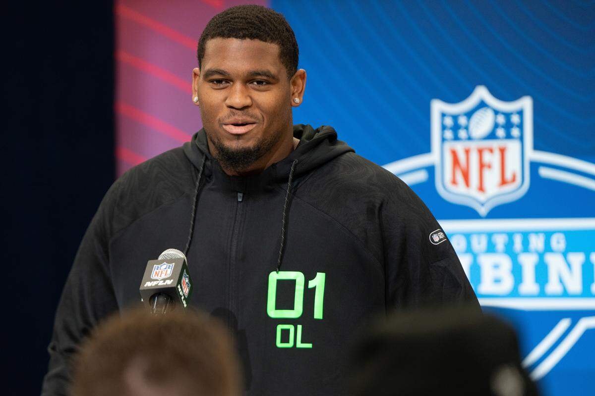 Mar 1, 2025; Indianapolis, IN, USA; University of Texas offensive lineman Kelvin Banks (OL01) answers questions at a press conference during the 2025 NFL Combine at Indiana Convention Center. Mandatory Credit: Jacob Musselman-Imagn Images