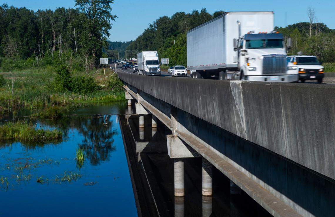 Advocates feel removing existing fill and adding more piers similar to this section of Interstate 5 where it crosses the Nisqually River delta would allow more water to flow freely, eliminating a chokepoint.