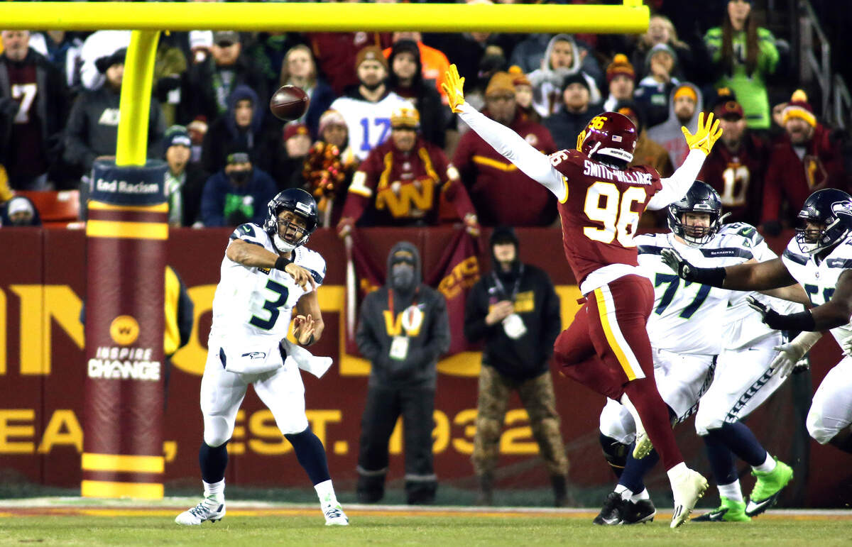 Seattle Seahawks quarterback Russell Wilson (3) throws during an NFL football game against the Washington Football Team, Monday, Nov. 29, 2021 in Landover. (AP Photo/Daniel Kucin Jr.)