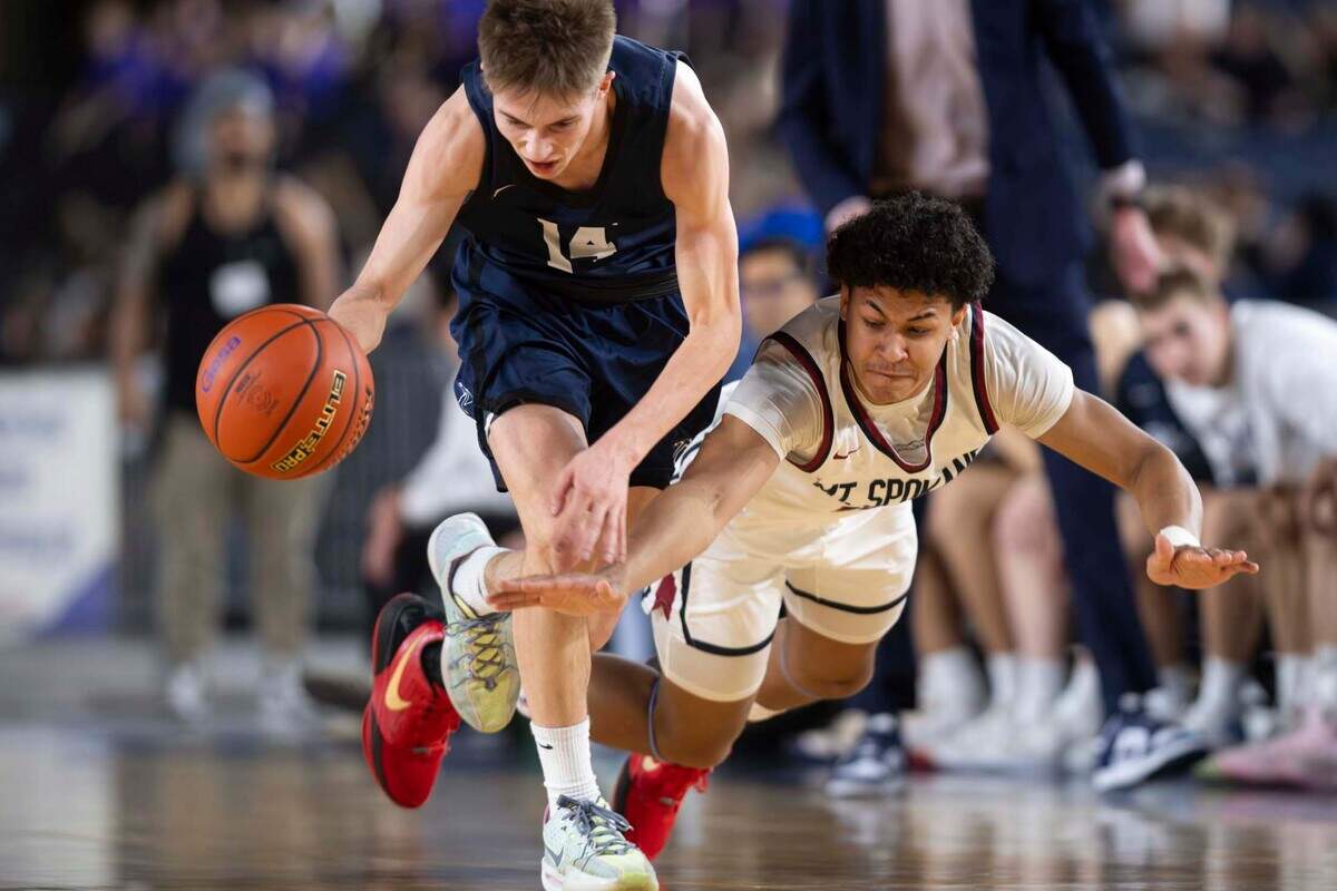 Mt. Spokane guard Rock Franklin (12) dives for a loose ball as Bellarmine Prep guard J.J. Bordeaux (14) grabs it and dribbles up court during the first half of a Class 3A state basketball tournament quarterfinal game at the Tacoma Dome on Thursday, March 6, 2025, in Tacoma, Wash.
