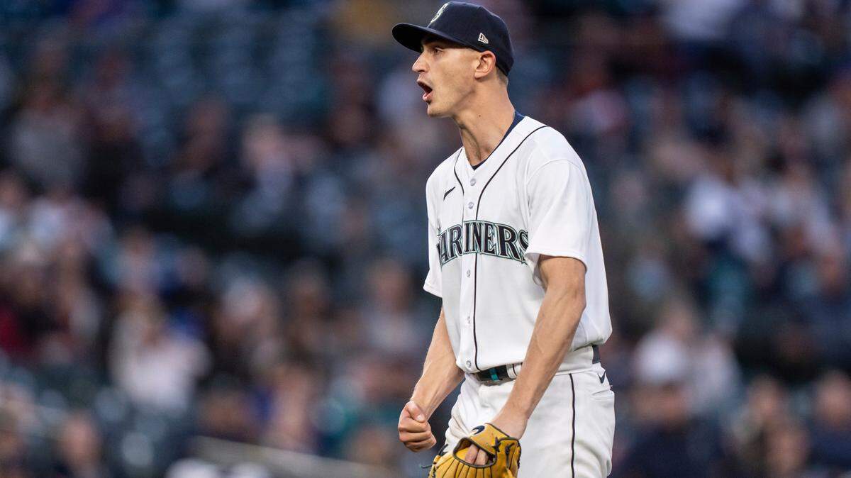 Seattle Mariners starting pitcher George Kirby walks off the field after the top of the seventh inning of the team’s baseball game against the Texas Rangers, Tuesday, May 9, 2023, in Seattle. (AP Photo/Stephen Brashear)