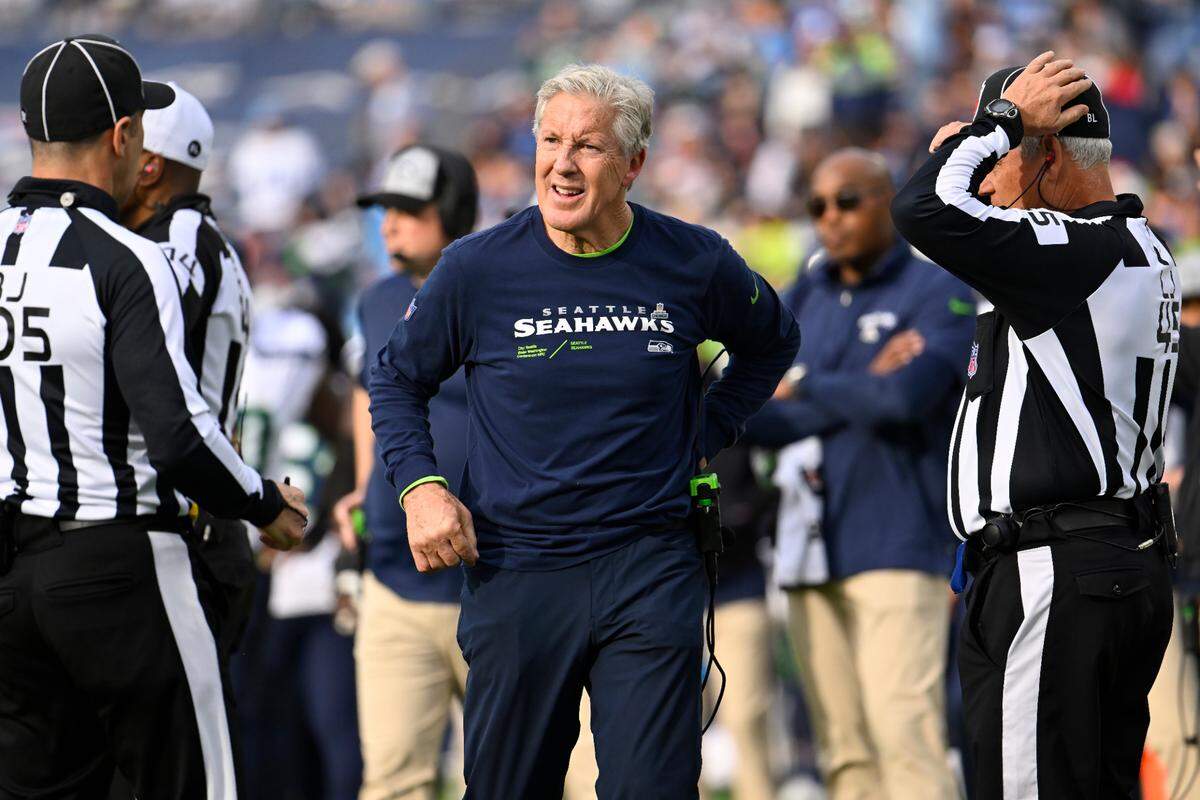 Seattle Seahawks head coach Pete Carroll reacts toward officials during the second half of an NFL football game against the Tennessee Titans on Sunday, Dec. 24, 2023, in Nashville, Tenn. (AP Photo/John Amis)