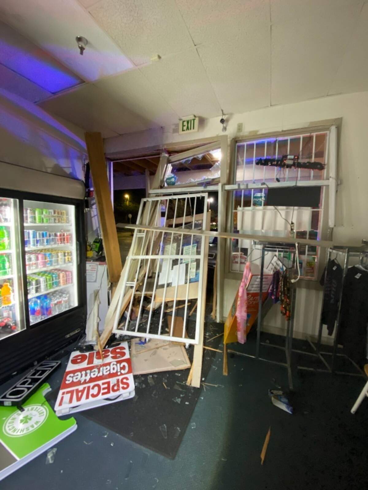 Interior wreckage after a car rammed into the entrance to Smokeland, a tobacco and liquor store in Gig Harbor, in a smash-and-grab incident at 2:25 a.m. Sunday, Nov. 3, 2024.