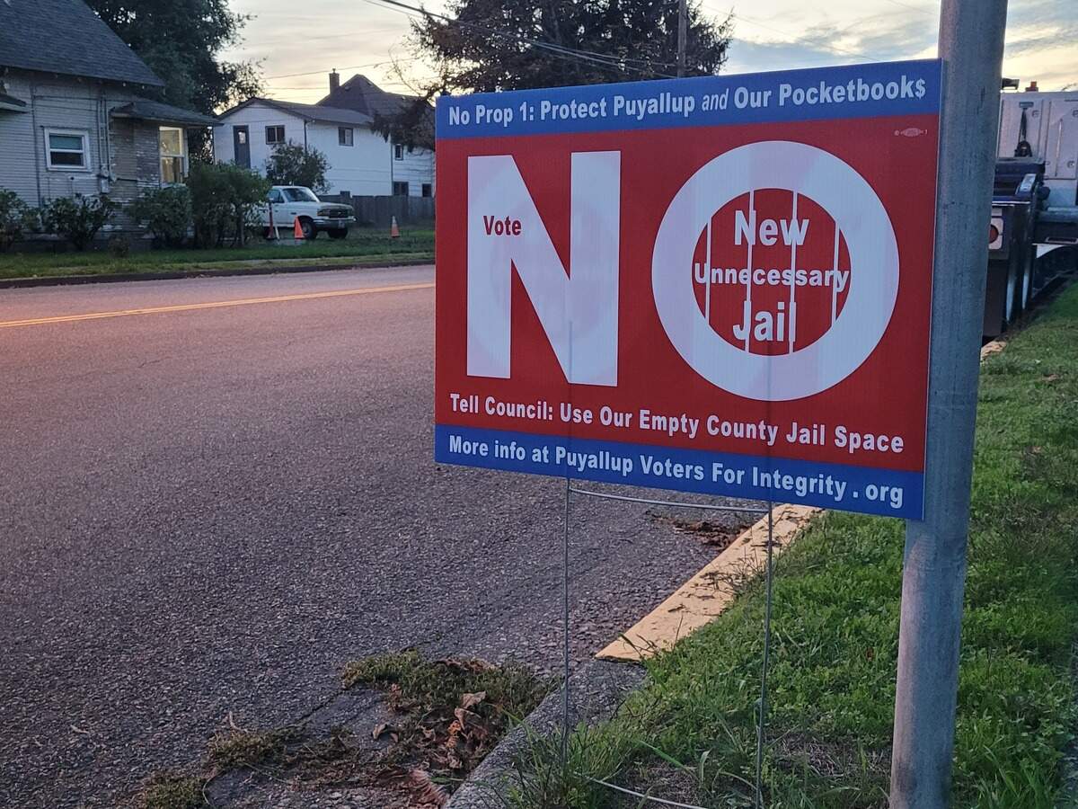 The “no” campaign put up signs in Puyallup against the public safety building measure.
