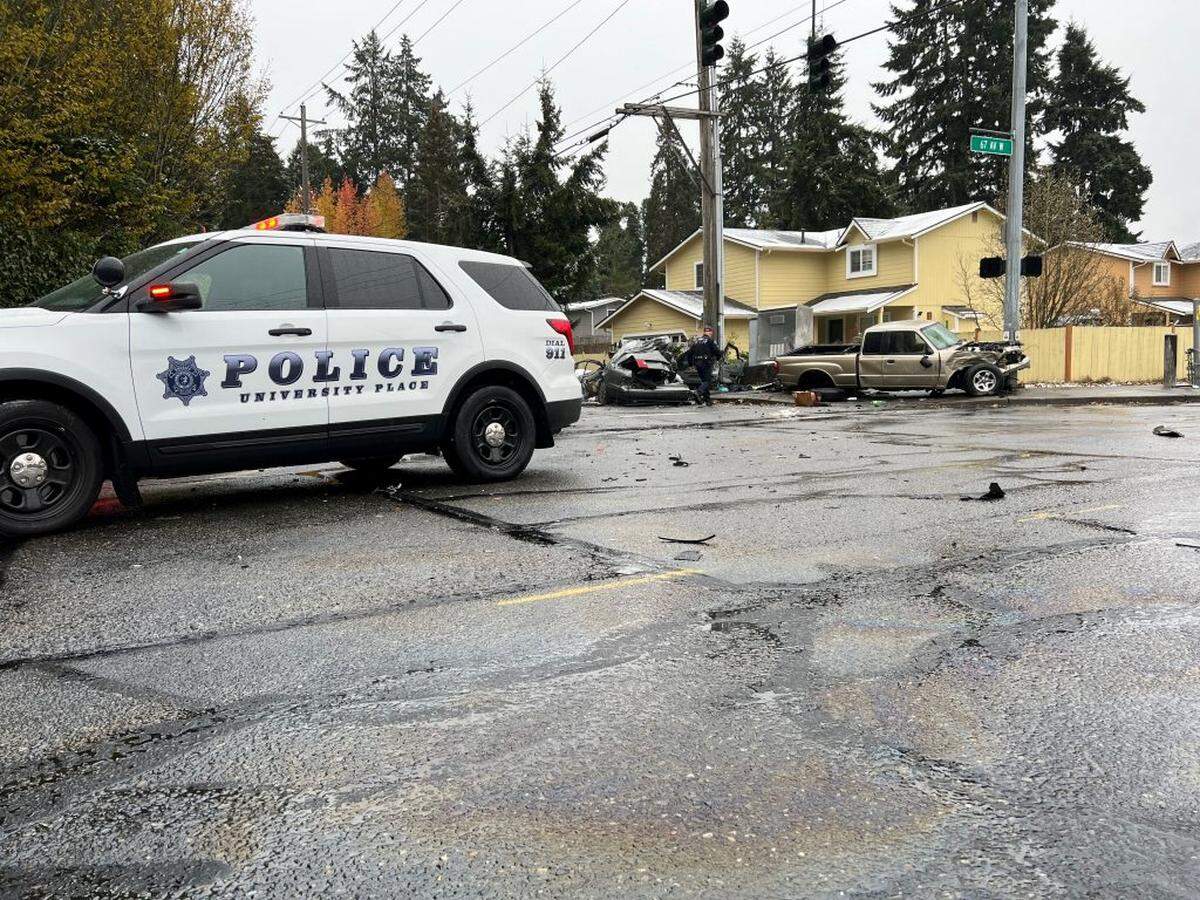 Two men suspected of robbing a store Tuesday morning in Lakewood were T-boned at an intersection in University Place after fleeing from pursuing Pierce County deputies, according to the Sheriff’s Department. The intersection was closed except for southbound traffic.