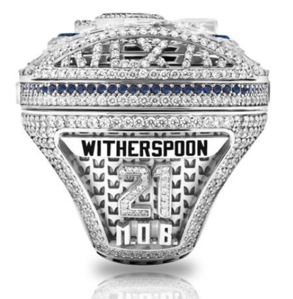 One side of the Seattle Seahawks’ Super Bowl 60 championship rings have the player’s name and jersey number, such as cornerback Devon Witherspoon’s shown here. That’s over the acronym for one of the team’s primary mottos, “Mission Over Bull(stuff).”