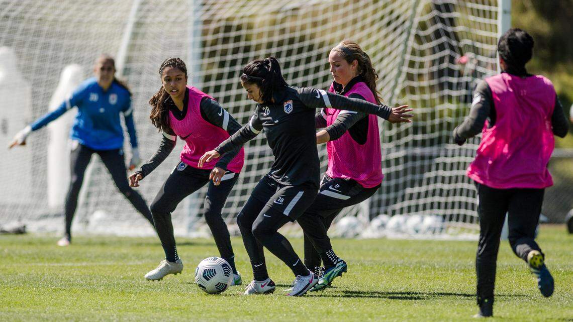 The OL Reign practice at Bellarmine High School on Tuesday, April 13, 2021.