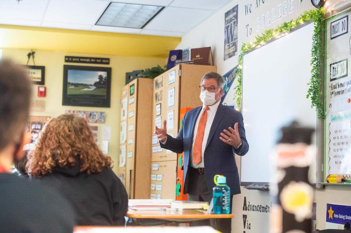 Pierce County Executive Bruce Dammeier seen during a tour of Edgerton Elementary School in Puyallup on March 18, 2021. He has pushed hard for development of the homeless village.