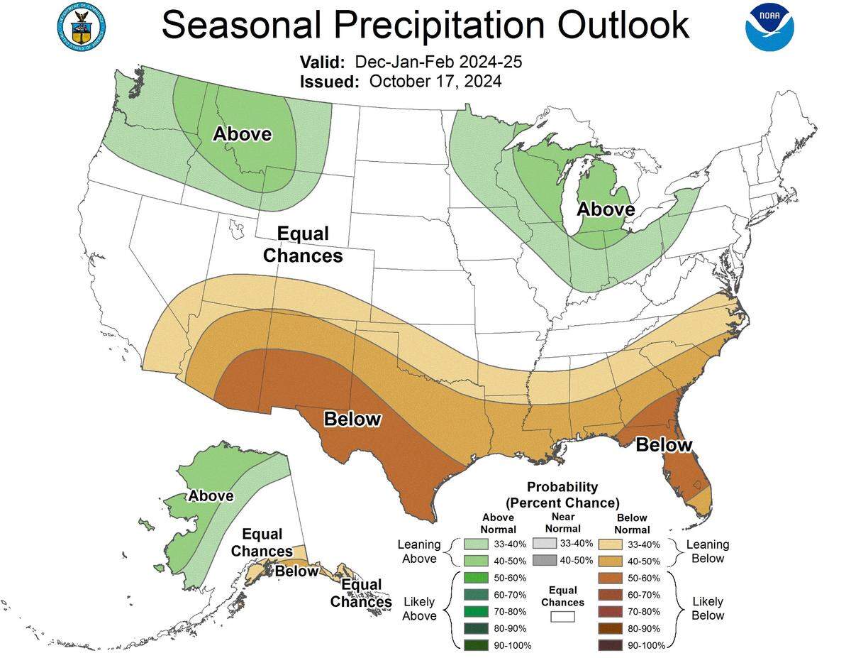 Graphic of the U.S. Winter Outlook Map that shows higher-than-usual precipitation levels for the entire northern tier of the continental U.S., including the Pacific Northwest.
