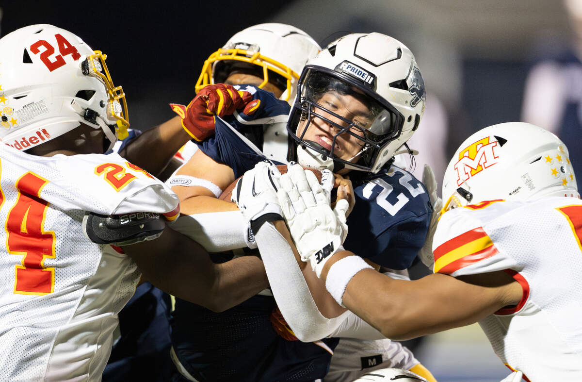 Bellarmine Prep’s Josiah Moeckel (22) is stuffed on the run by Mount Tahoma’s defense during the second half of the game at Bellarmine Preparatory School, on Friday, Oct. 11, 2024, in Tacoma, Wash.