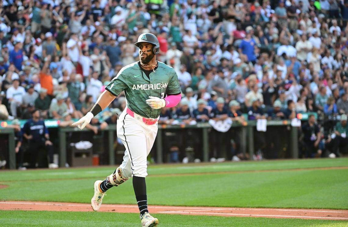 American League’s Yandy Diaz hits a home run in the second inning to give the American League team a 1-0 lead over the National League team in the 2023 MLB All-Star Game at T-Mobile Park on Tuesday, July 11, 2023.