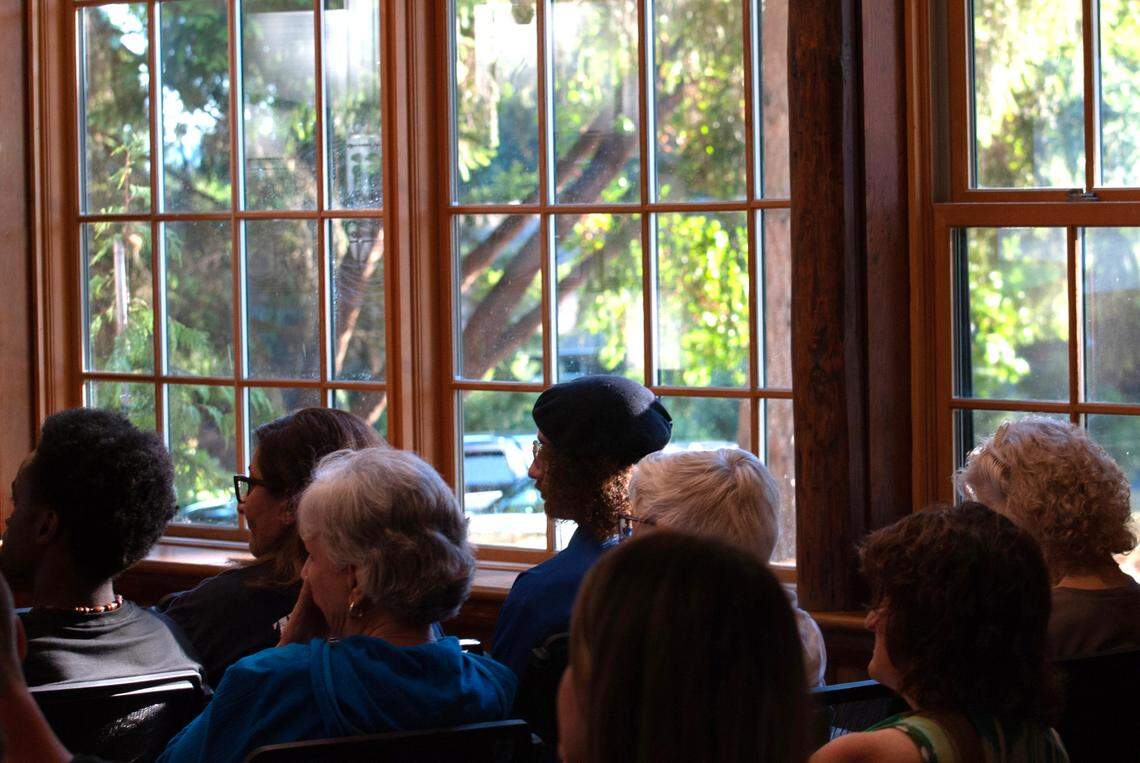Stardio Wilson (far left) sits during a Peninsula Metropolitan Park District board meeting at the Arletta Schoolhouse in Gig Harbor on July 18, 2023.