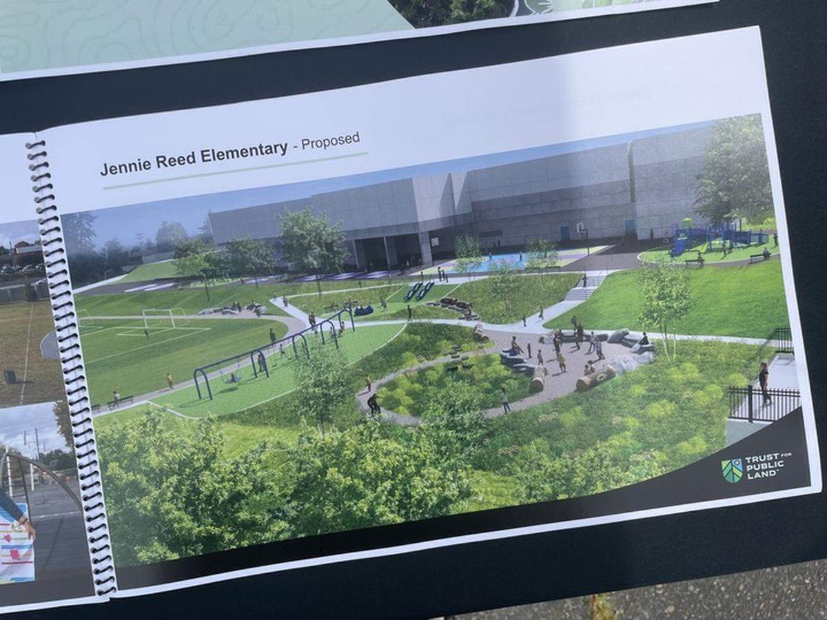 A rendering of proposed renovations to the Jennie Reed Elementary School in Tacoma is photographed on June 8, 2023.