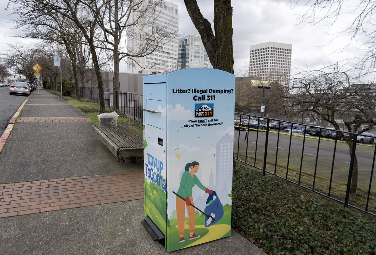 Multiple trash cans have already been installed by the city of Tacoma this month, including this one on Market Street.