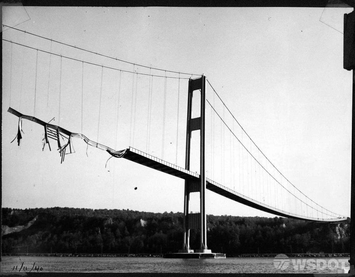 A view of what was left of 1940 Tacoma Narrows Bridge after the Nov. 7, 1940 windstorm.