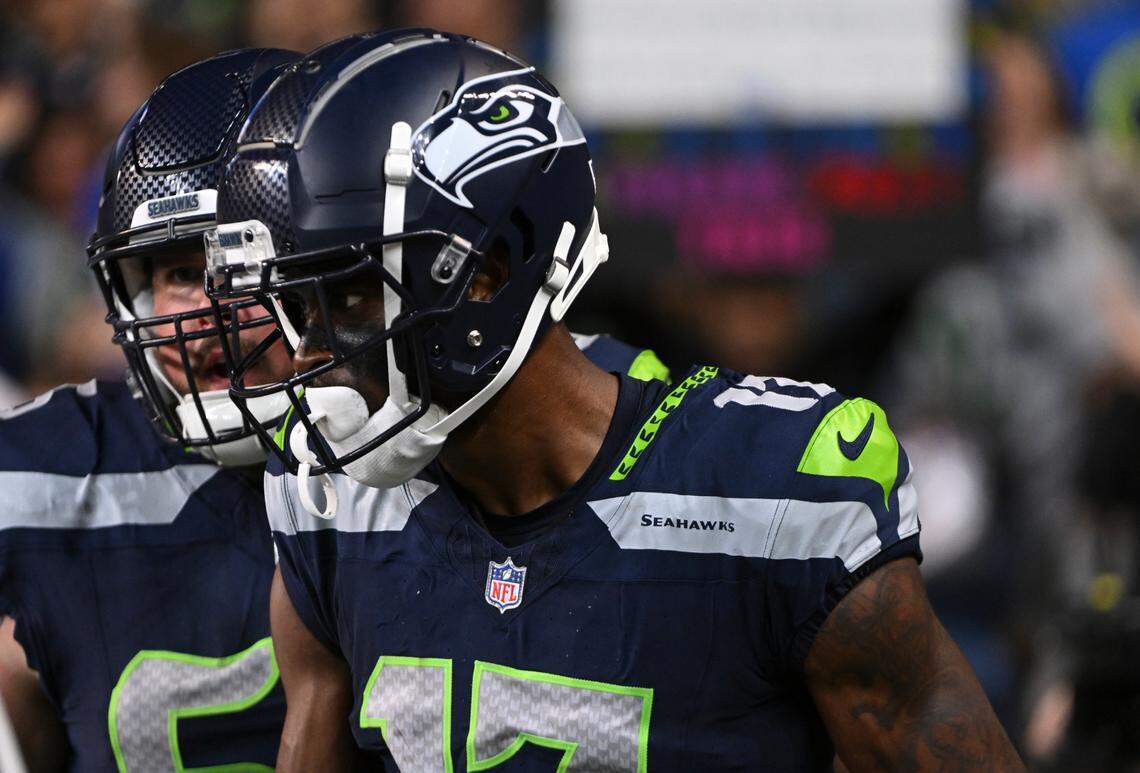 Seattle Seahawks wide receiver Matt Landers (17) reacts to a catch during the fourth quarter of the preseason game against the Minnesota Vikings at Lumen Field, Thursday, Aug. 10, 2023, in Seattle, Wash.