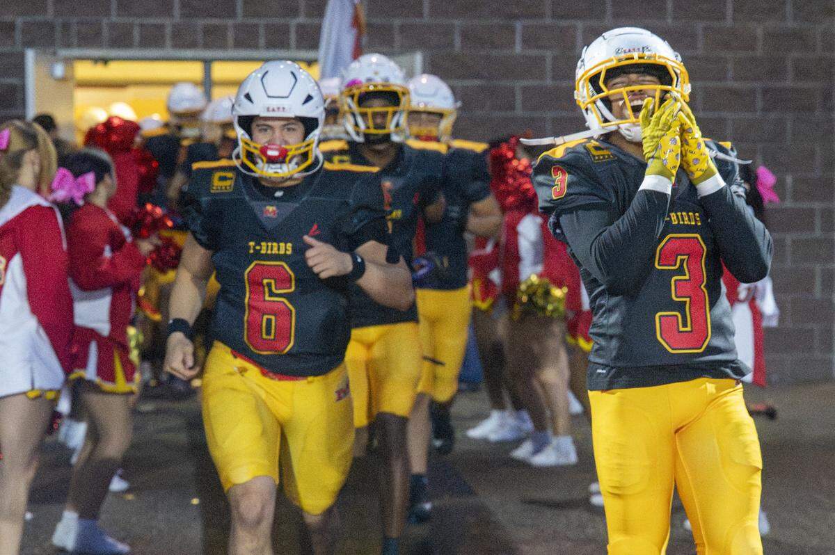 Mount Tahoma enters the field for a game against Bellarmine on Friday, Oct. 10, 2025, at Mount Tahoma in Tacoma, Wash.