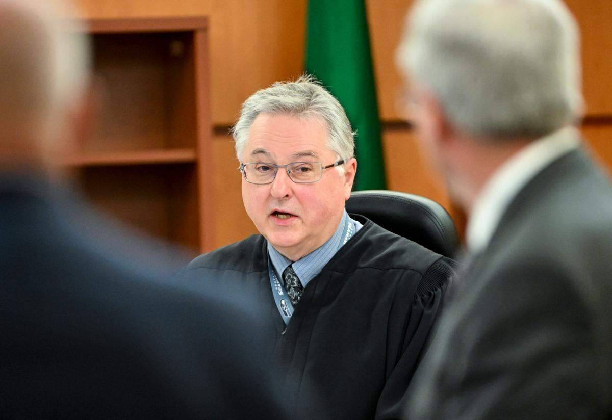 Judge Bryan Chushcoff addresses the court during the trial of three Tacoma police officers in the killing of Manny Ellis at Pierce County Superior Court. Photo taken Nov. 27, 2023, in Tacoma.