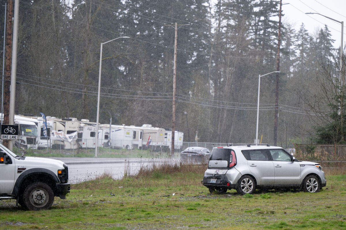 A Pierce County Sheriff’s Office spokesperson said this Kia left the road and hit two workers near 144th Street East and Canyon Road East near Puyallup on Friday, March 28, 2025. The two workers sustained serious injuries.