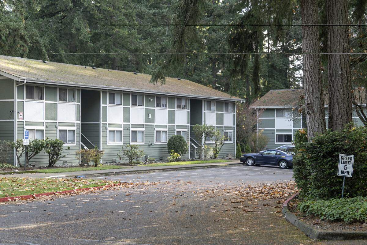 Apartment complex Norwegian Wood is pictured on Tuesday, Nov. 11, 2025, in Gig Harbor, Wash.