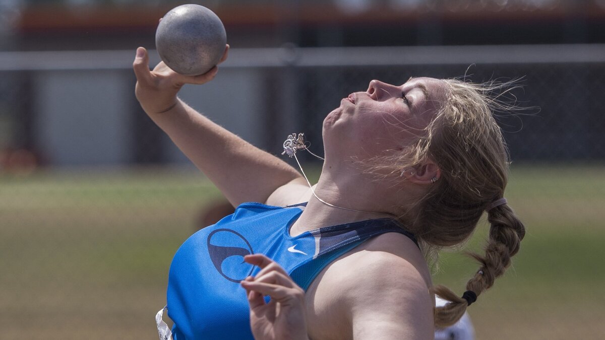 Hadassah Ward of Gig Harbor throws the shot in the girls 3A shot put at the state 2A, 3A, 4A Track & Field Championships held at Mt. Tahoma High School, May 26, 2018.
