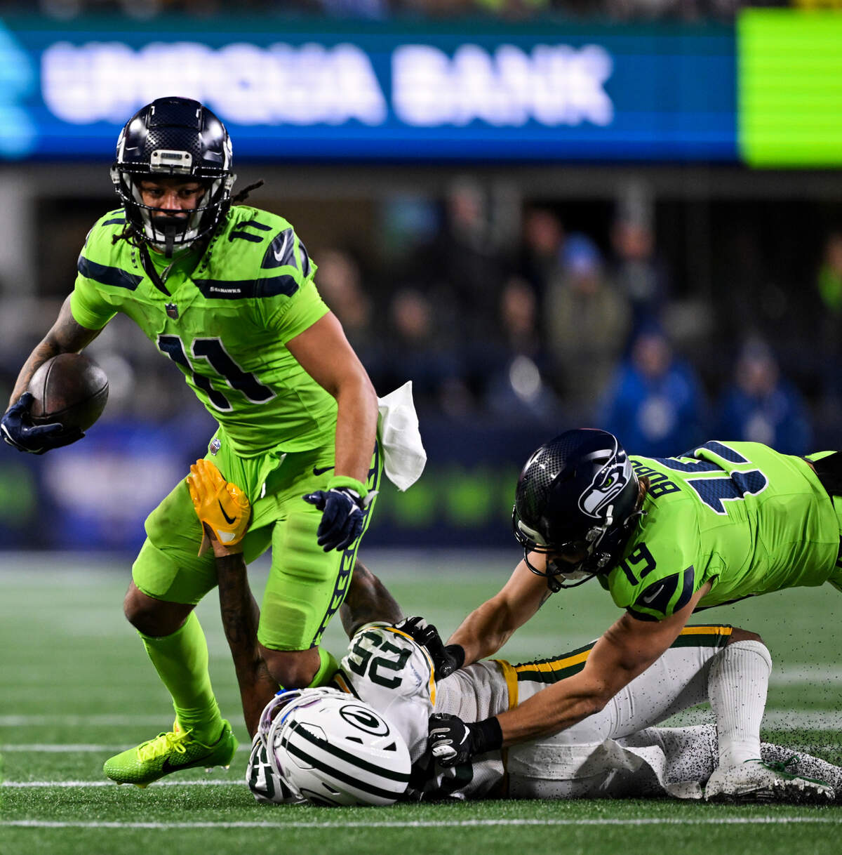 Seattle Seahawks wide receiver Jaxon Smith-Njigba (11) picks up yards after the catch during the third quarter of the game against the Green Bay Packers at Lumen Field, on Sunday, Dec. 15, 2024, in Seattle, Wash.