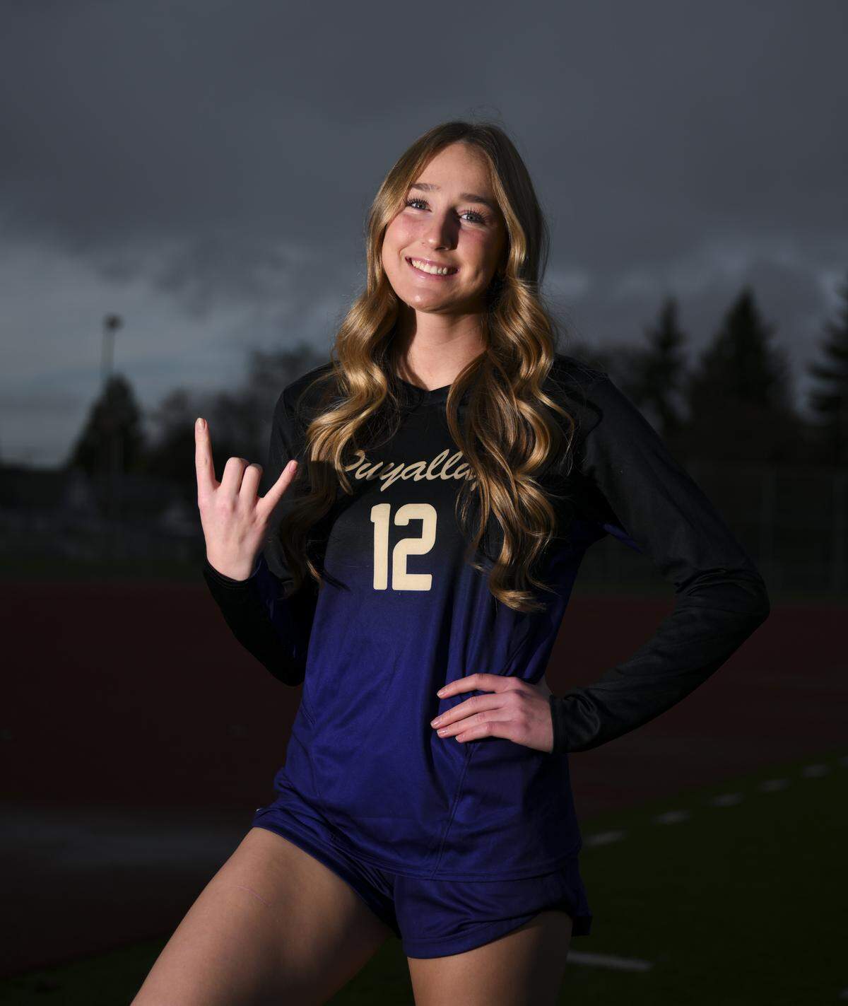 Puyallup High School forward Ella Bach, a Clemson commit and News Tribune's 2025 All-Area girls soccer player of the year poses for a portrait at Sparks Stadium, on Wednesday, Dec. 17, 2025, in Puyallup, Wash.
