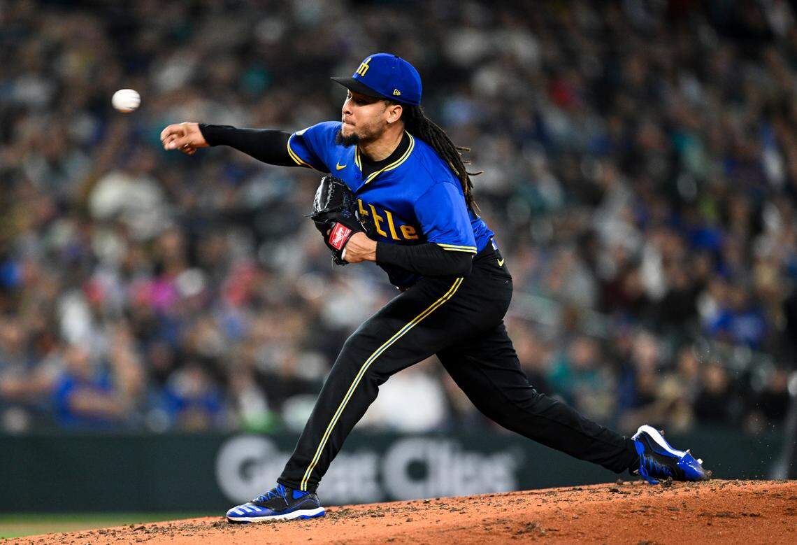 Seattle Mariners pitcher Luis Castillo (58) pitches during the sixth inning of the game against the Texas Rangers at T-Mobile Park, on Friday, June 14, 2024, in Seattle, Wash.