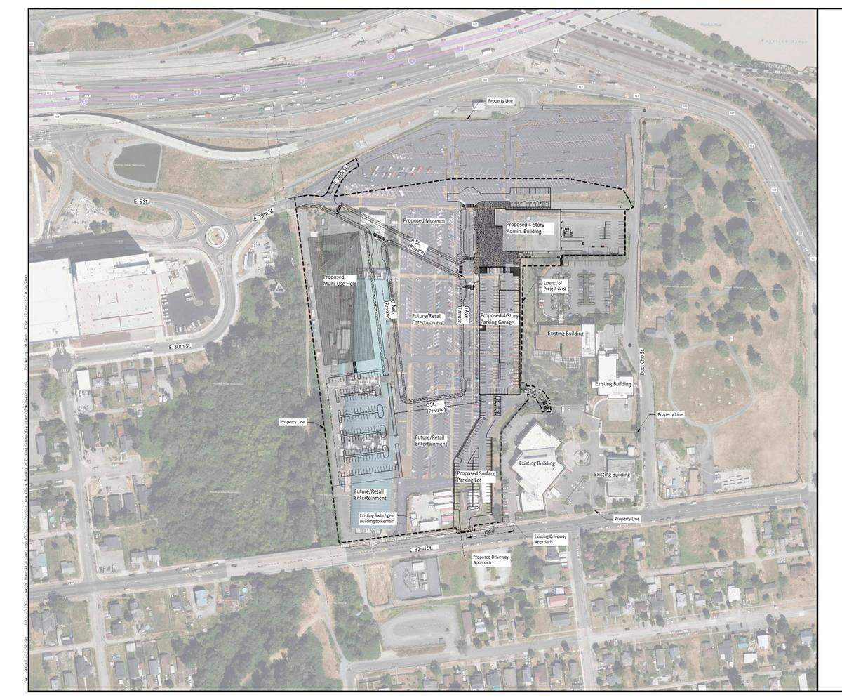 A copy of the entertainment district plans, including a preliminary map outlining the project, were obtained by The News Tribune from the city via a records request. According to the project’s pre-application memo, “The proposed district includes buildings, a parking garage, multi-use field, as well as a proposed museum and retail/entertainment.”