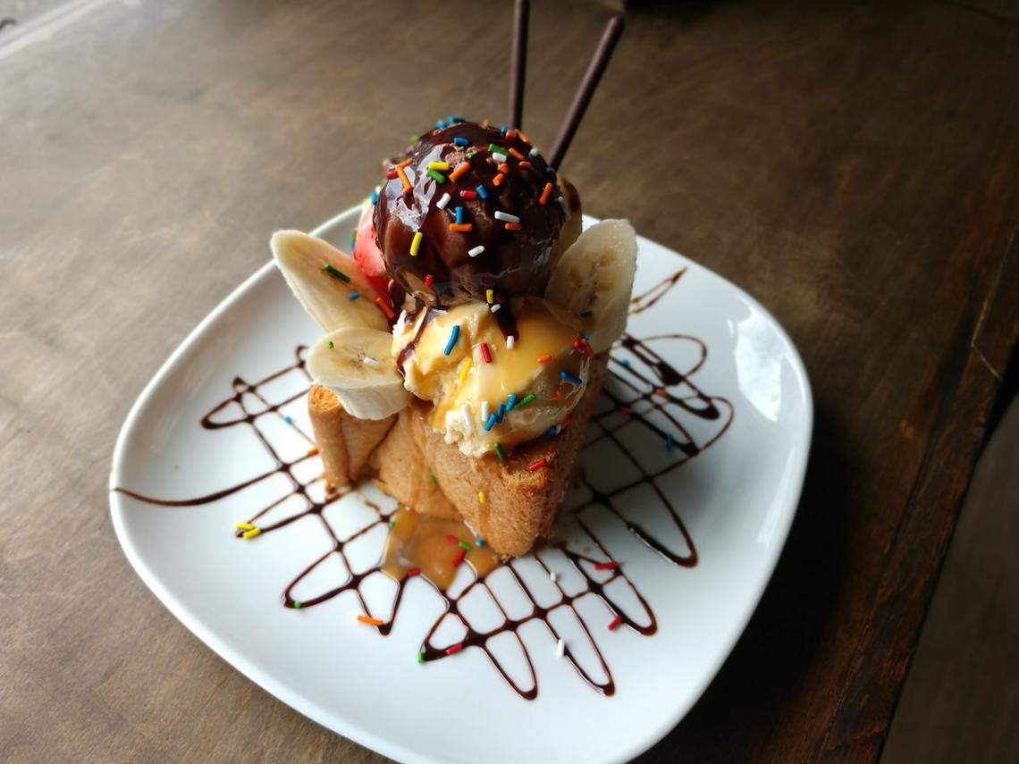 The banana split themed brick toast from Infinitea Cafe in downtown Tacoma.
