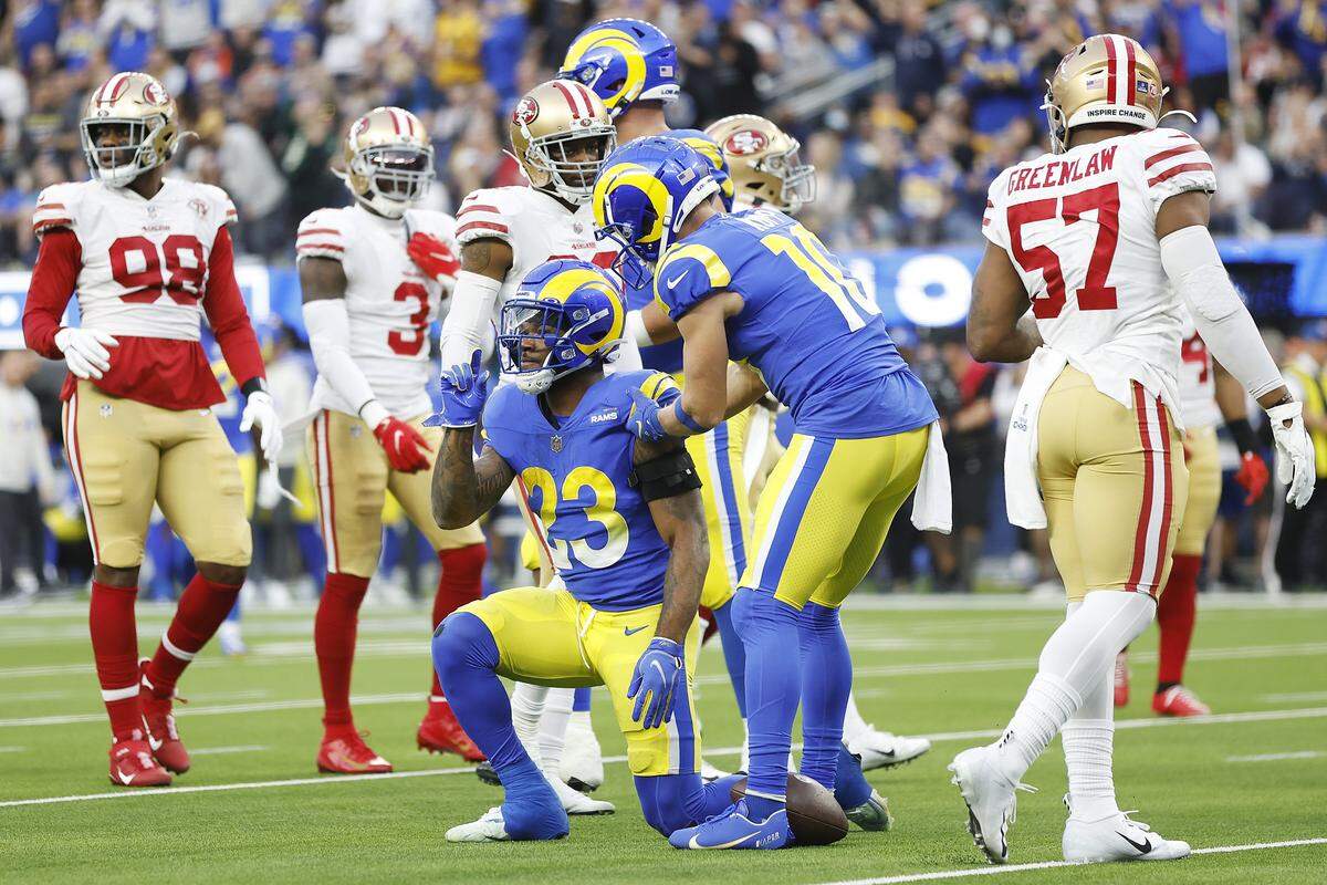 INGLEWOOD, CALIFORNIA - JANUARY 30: Cam Akers #23 of the Los Angeles Rams reacts after a play in the first quarter against the San Francisco 49ers in the NFC Championship Game at SoFi Stadium on January 30, 2022 in Inglewood, California. (Photo by Christian Petersen/Getty Images)