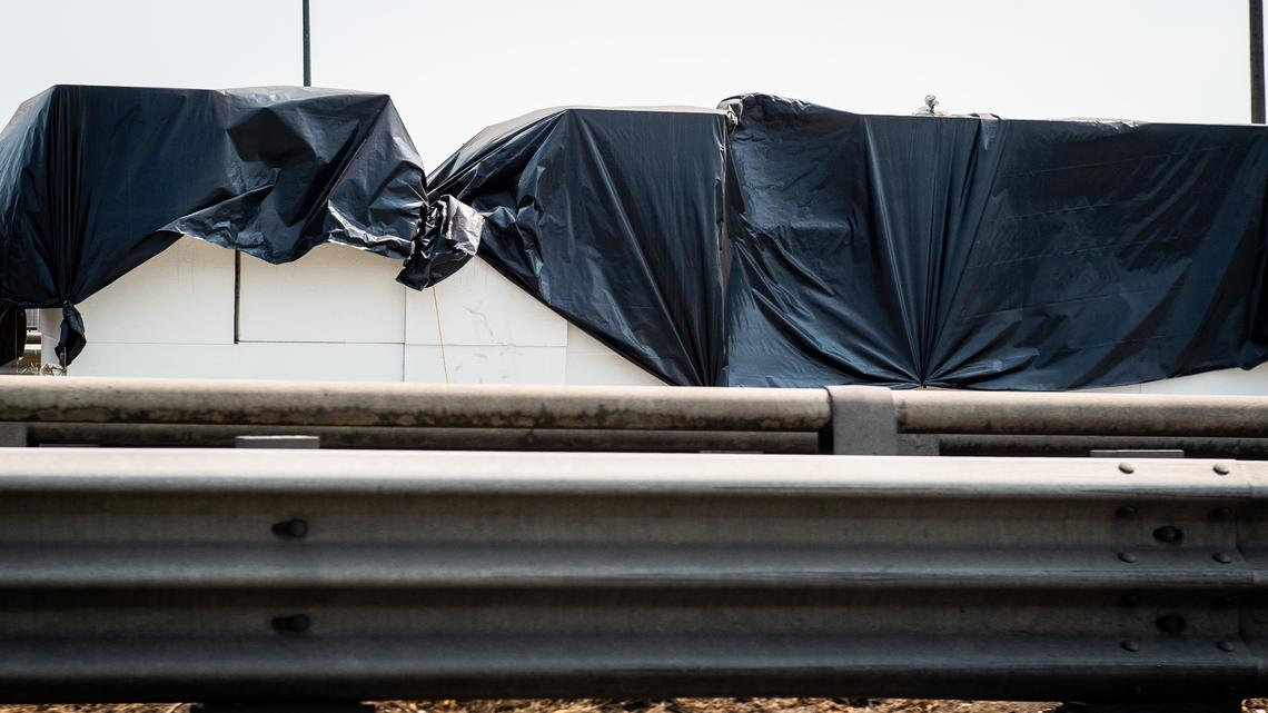 Giant foam blocks are seen along I-5 between Portland Avenue and Port of Tacoma road in Tacoma, Wash., on Friday, Aug. 10.
