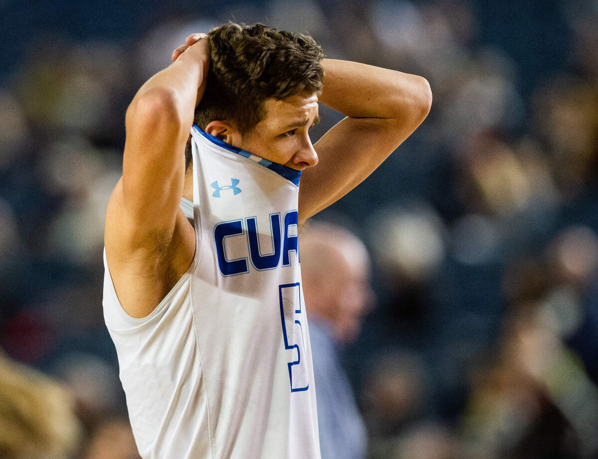 Curtis’ Solomon McGinnis (5) reacts following Curtis’ loss against Mount Si. Curtis played Mount Si in a basketball game at the Hardwood Classic State Basketball Tournament at the Tacoma Dome in Tacoma, Wash., on Friday, March 1, 2019.