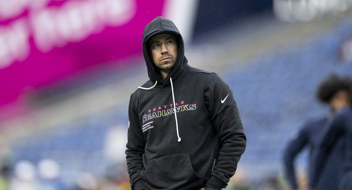 Seattle Seahawks offensive coordinator Klint Kubiak looks on before the game between the Seattle Seahawks and the Houston Texans at Lumen Field, on Monday, Oct. 20, 2025, in Seattle.