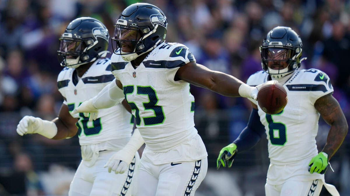 Seattle Seahawks linebacker Boye Mafe (53) celebrates after recovering a fumble during the first half of an NFL football game against the Baltimore Ravens, Sunday, Nov. 5, 2023, in Baltimore. (AP Photo/Alex Brandon)