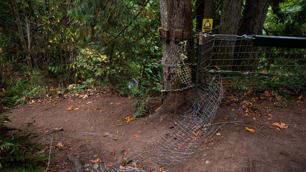 Broken fencing is seen near Victor Falls in Bonney Lake on Friday, Sept. 18, 2020. The fencing was put up to discourage people from getting too close to the water fall and steep cliff that leads down to it.