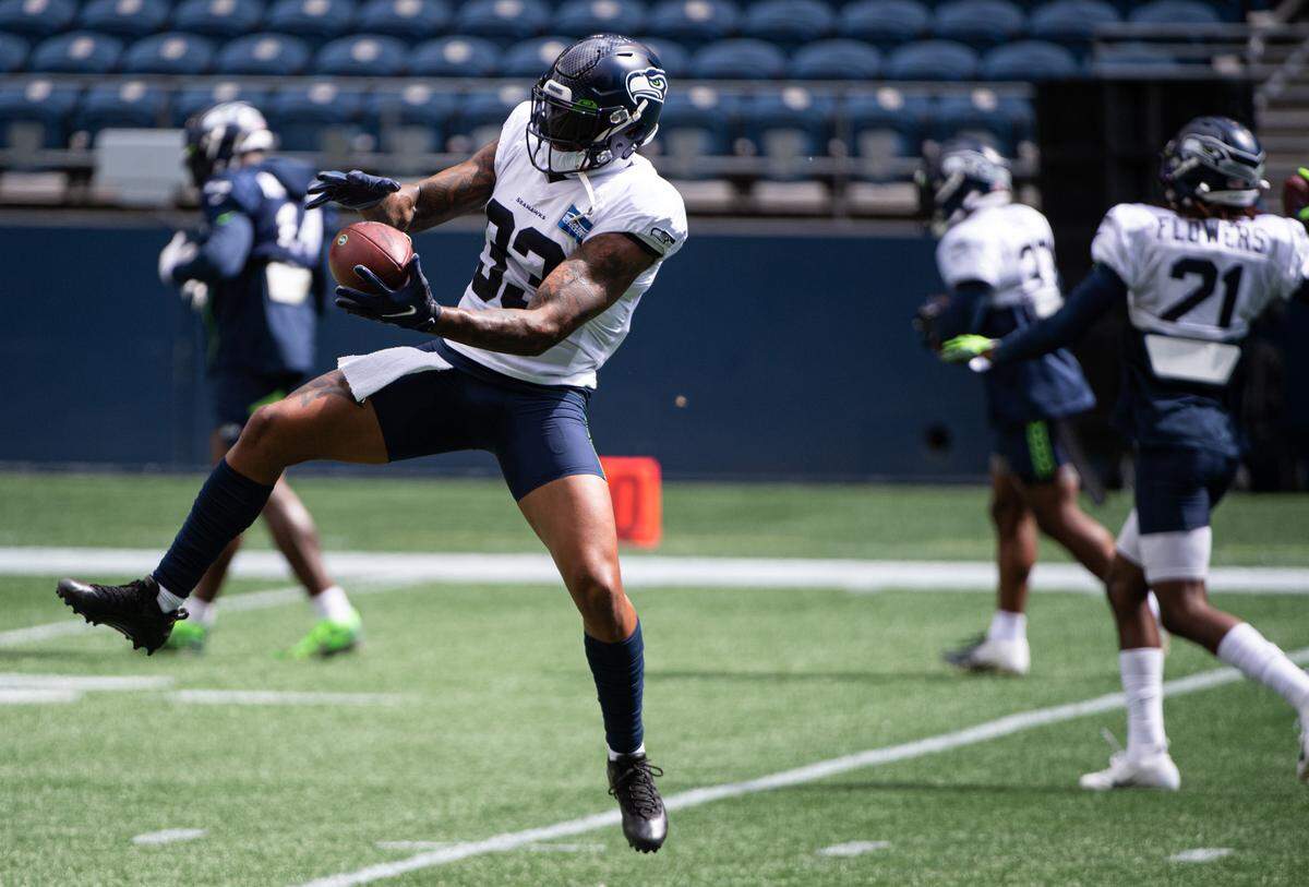 Jamal Adams makes a catch during warmups. The Seattle Seahawks held a practice game at CenturyLink Field in Seattle, Wash., on Saturday, Aug. 22, 2020.