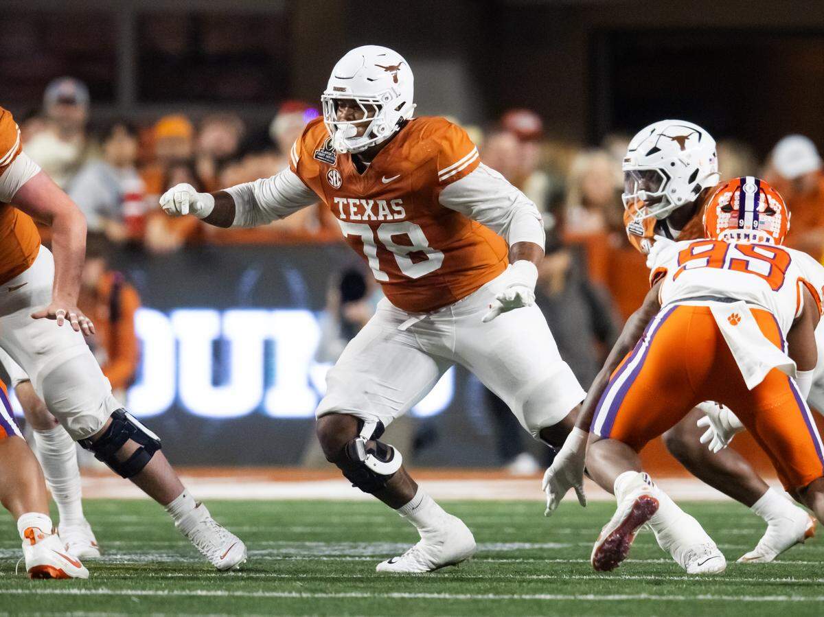 Dec 21, 2024; Austin, Texas, USA; Texas Longhorns offensive lineman Kelvin Banks Jr. (78) against the Clemson Tigers during the CFP National playoff first round at Darrell K Royal-Texas Memorial Stadium. Mandatory Credit: Mark J. Rebilas-Imagn Images