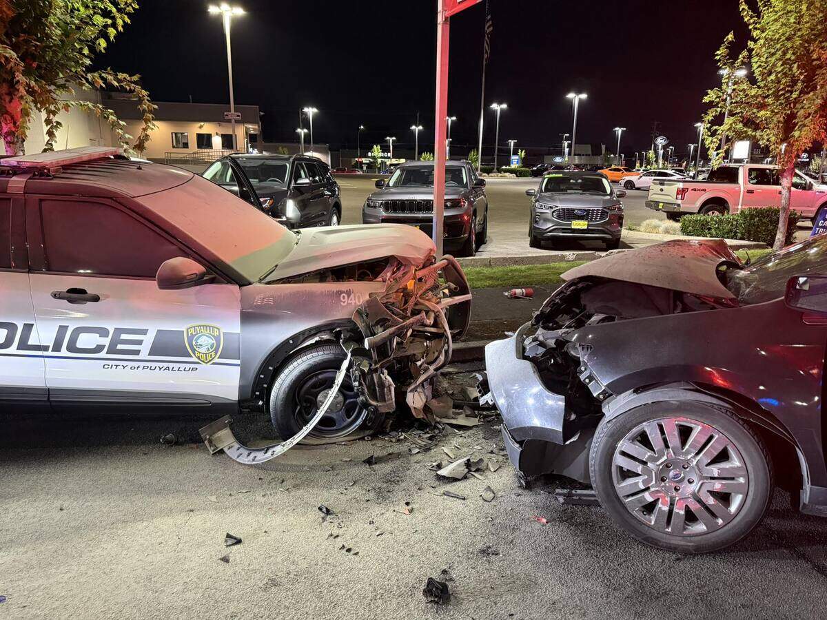 A 40-year-old man was booked into Pierce County Jail early Saturday, Aug. 30, 2025 after fleeing from Puyallup police and then ramming a patrol car occupied by a K-9 officer and his dog.