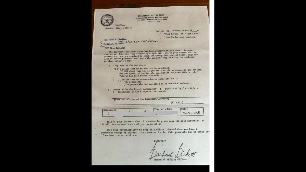 A signed letter dated May 9, 1988 indicates Mary Dowling’s wish to continue her reservation of a plot next to her husband buried at Fort Lewis cemetery at Joint Base Lewis-McChord, Wash.