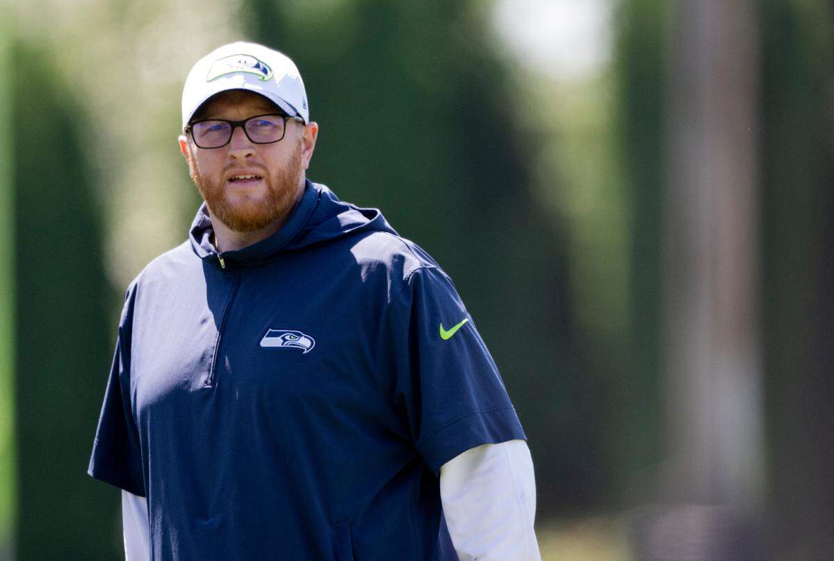 Seahawks special teams coordinator Jay Harbaugh watches during the first day of training camp at the Virginia Mason Athletic Center, on Wednesday, July 24, 2024, in Renton.