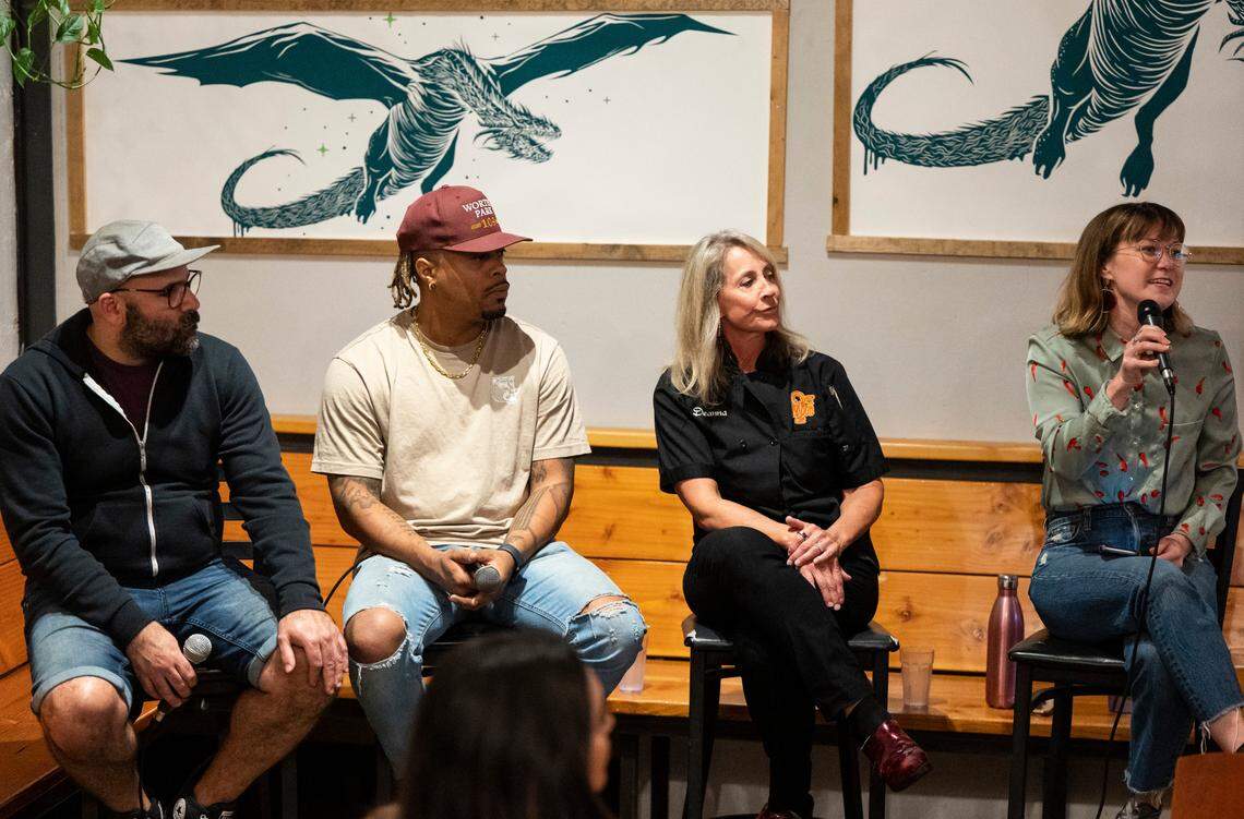 From left, The Mule Tavern owner Sam Halhuli, en Rama executive chef Reginald Jacob Howell, Over the Moon Cafe owner Deanna Harris-Bender discuss the evolution of Tacoma’s dining scene with Tacoma News Tribune food reporter Kristine Sherred at Odin Brewing in Tacoma, Wash. on Oct. 18, 2022.