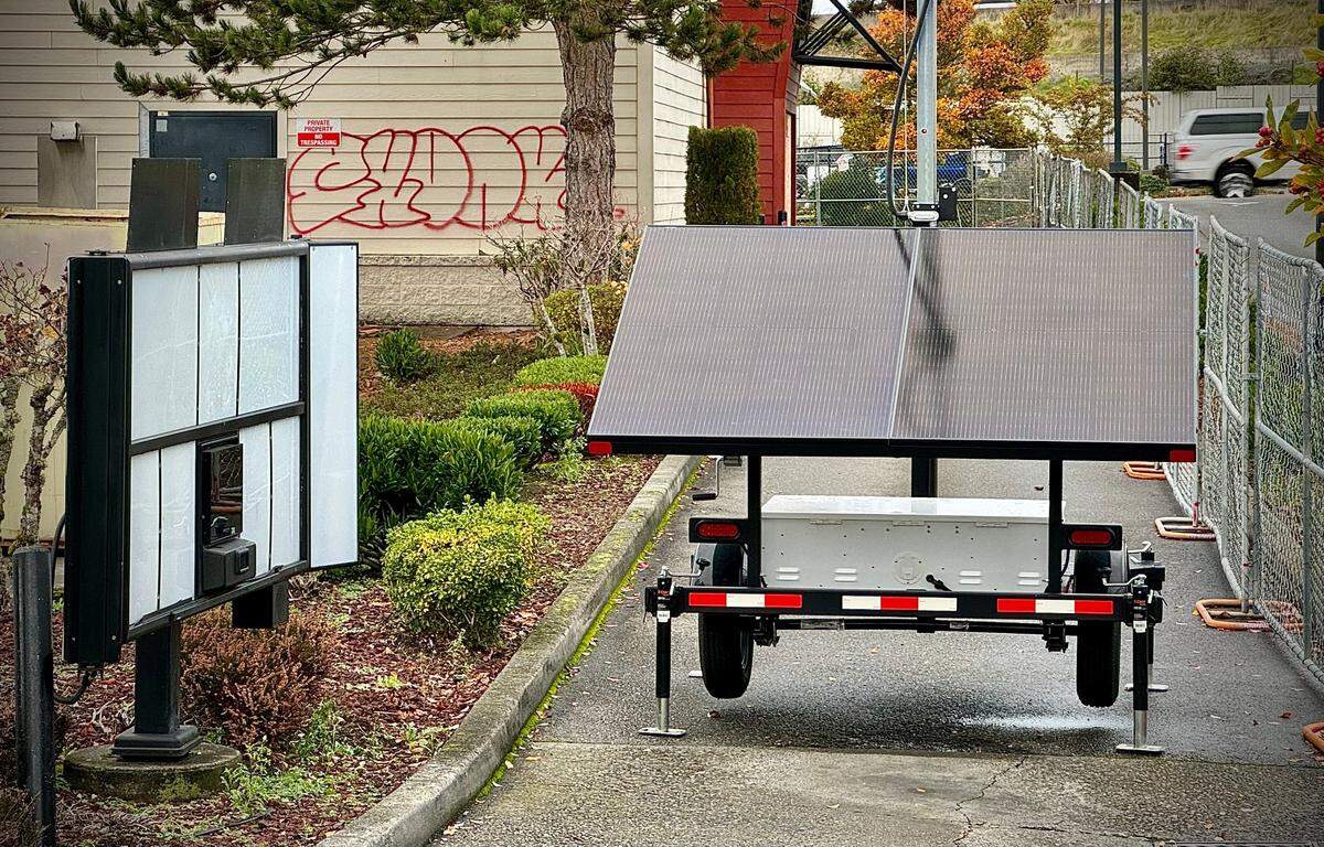 A security tower sits in the drive-thru lane of a closed Jack in the Box restaurant at 4702 Center St. in Tacoma on Nov. 13, 2024.